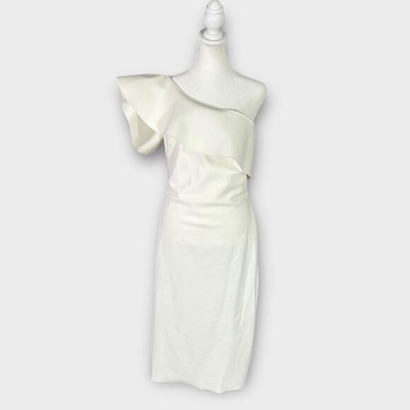 Chiara Boni Elisse Dress Women's 46 White One Shoulder Ruffle Sheath Knee Length - Picture 3 of 14